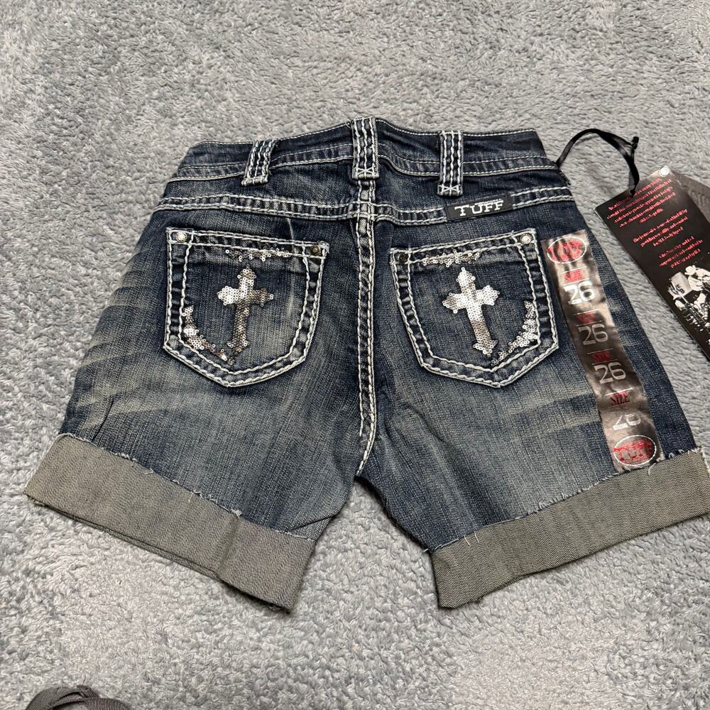 COWGIRL TUFF CO Womens Size 26 Crosses Shimmer Blue Denim Shorts NWT Cuffed